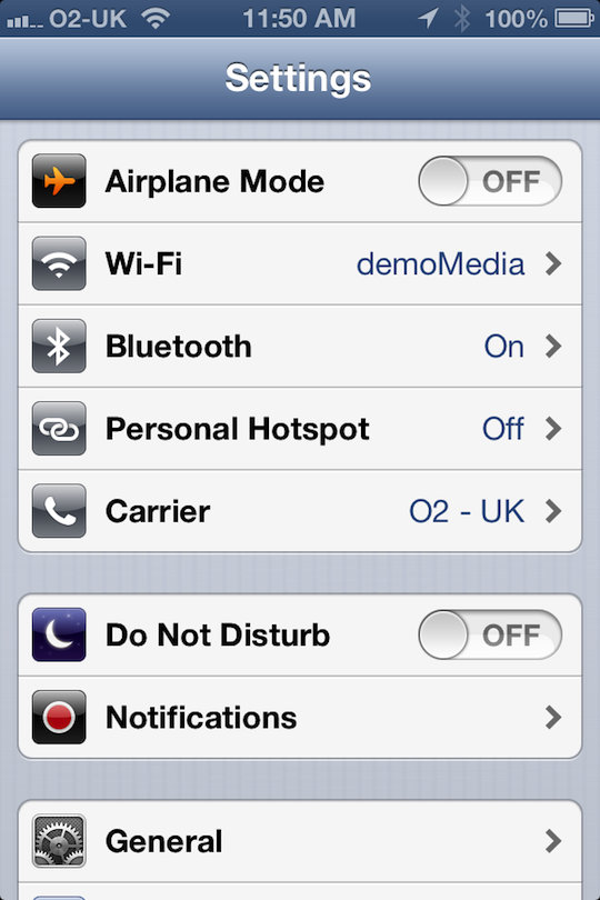 Settings screen